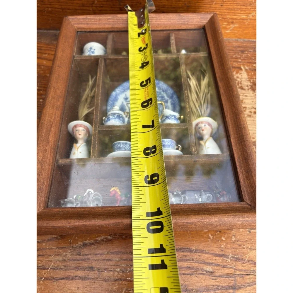 Vintage Blue Willow Miniature Tea Set Shadow Box Wall Display Case Cottagecore